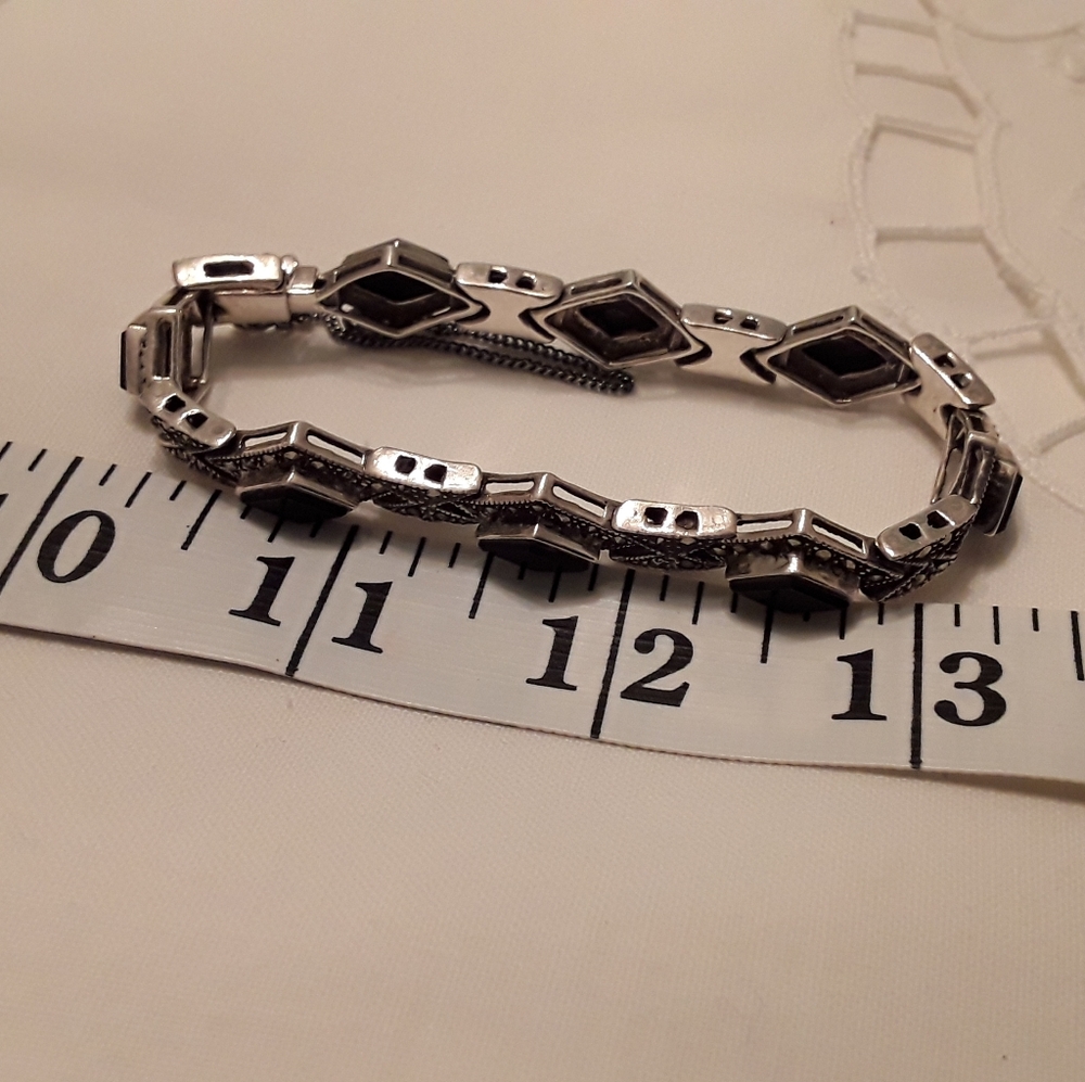 VTG. 925 STERLING MARCASITE & ONYX LINK BRACELET - Picture 4 of 8